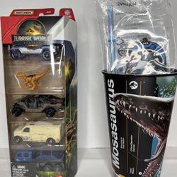 NEW 2025 Jurassic World Rebirth Bundle Die Cast Matchbox Cars  Cup w/ Straw SET