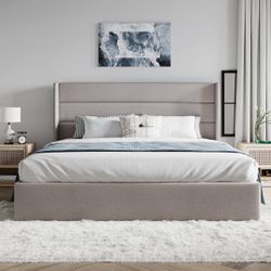 SHA CERLIN Queen Size Lift Up Hydraulic Storage Bed Frame Light Beige