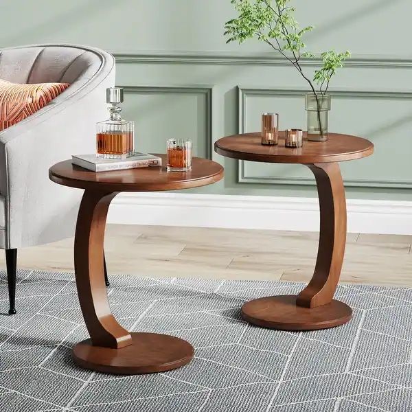 C-Shaped Set Of 2 End Table, Round Solid Wood Side Table for Living Room