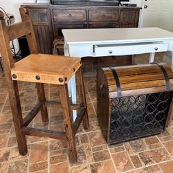 Mexican Leather Bar Stools, White Office Desk, And Wine Rack