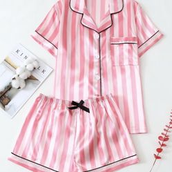 A Two-Piece Set Featuring a Satin Striped Short-Sleeve Collared Top Paired with Bow Shorts, Designed As Women'S Sleepwear