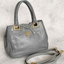 𝐏𝐑𝐀𝐃𝐀   Bag Shoulder Hand Tote Purse Logo Ribbon Leather Blue Gold 