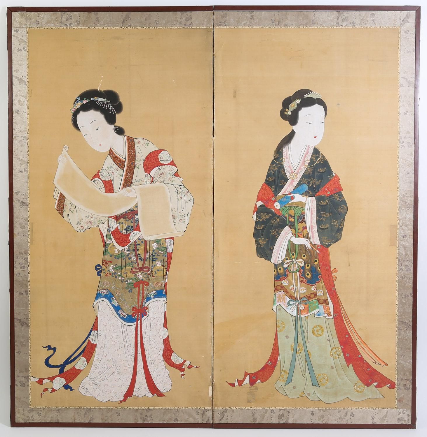 Japanese two panel screen colored ink on Silk 20th century