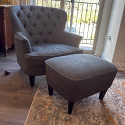 Noble House Gray Tufted Barrel Chair + Ottoman Set - Like New