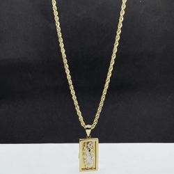 14k solid Gold Rope Chain and San Judas square pendant , necklance