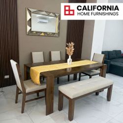 Modern 6-Piece Dining Table Set with Tufted Bench