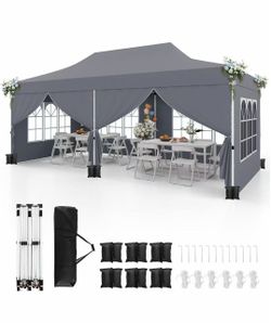 F) 10x20ft pop-up awning, portable outdoor awning with UPF 50+, with 6 removable side walls, 6 sandbags, 2 doors with lock, windows, carrying bag $130