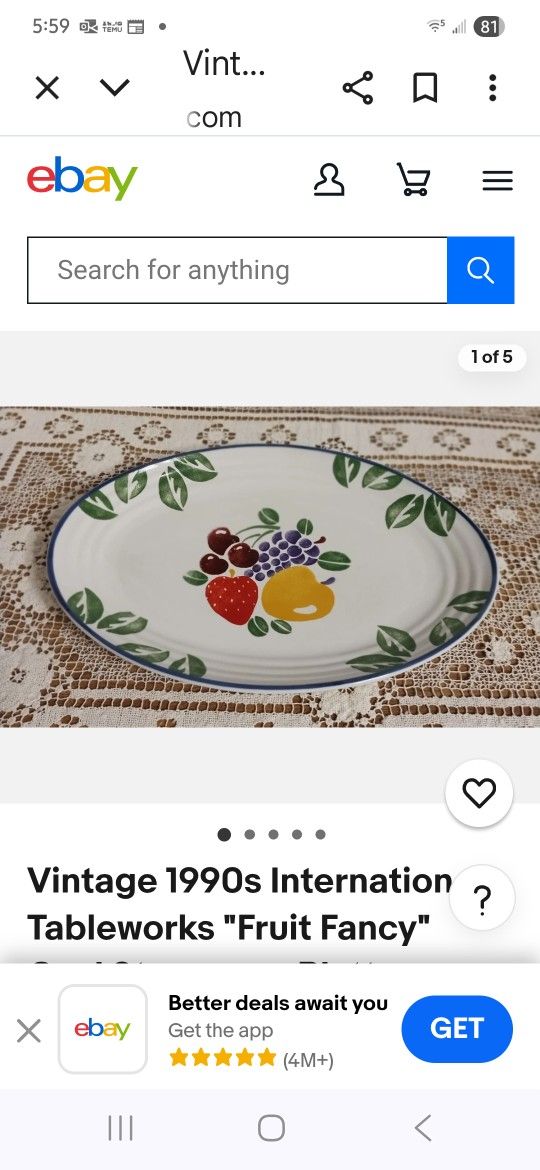 Vintage 1990s International Tableworks "Fruit Fancy" Oval Stoneware Platter