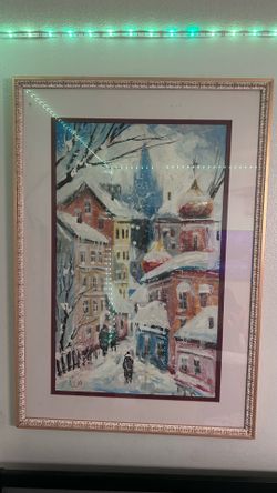 Original Hand Painted Winter Cityscape Painting Russian Orthodox Signed 1998