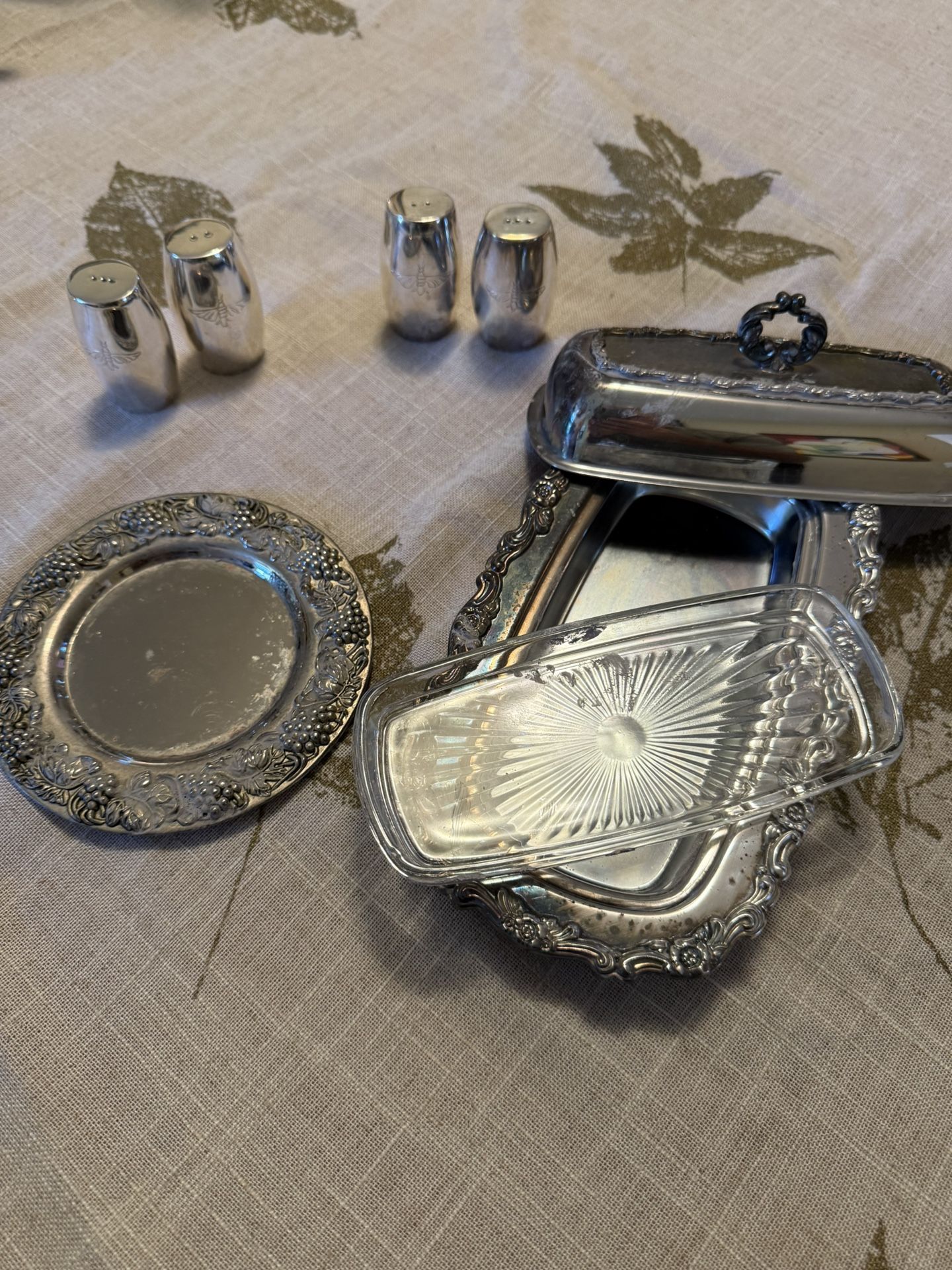 Silver Plated, Wine Coaster, Salt And Pepper Shakers, And Butter Dish