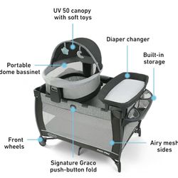 Was 193$ Baby Graco Pack n Play Travel Dome DLX Playard Bassinet Diaper change Storage, Infant, Astin