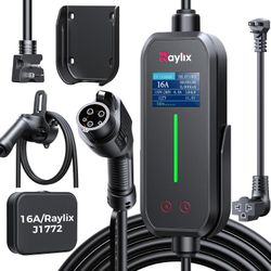 Raylix 16A Level 1&2 EV Charger with Holder, 110V-240V J1772 Charger with 21ft Cable [Adjustable Current &Delay Charging] EV Charger Level 1 with Wall