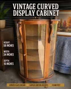 Vintage Curved Glass Curio Display Cabinet w/ Carved Griffin Accents – 58”