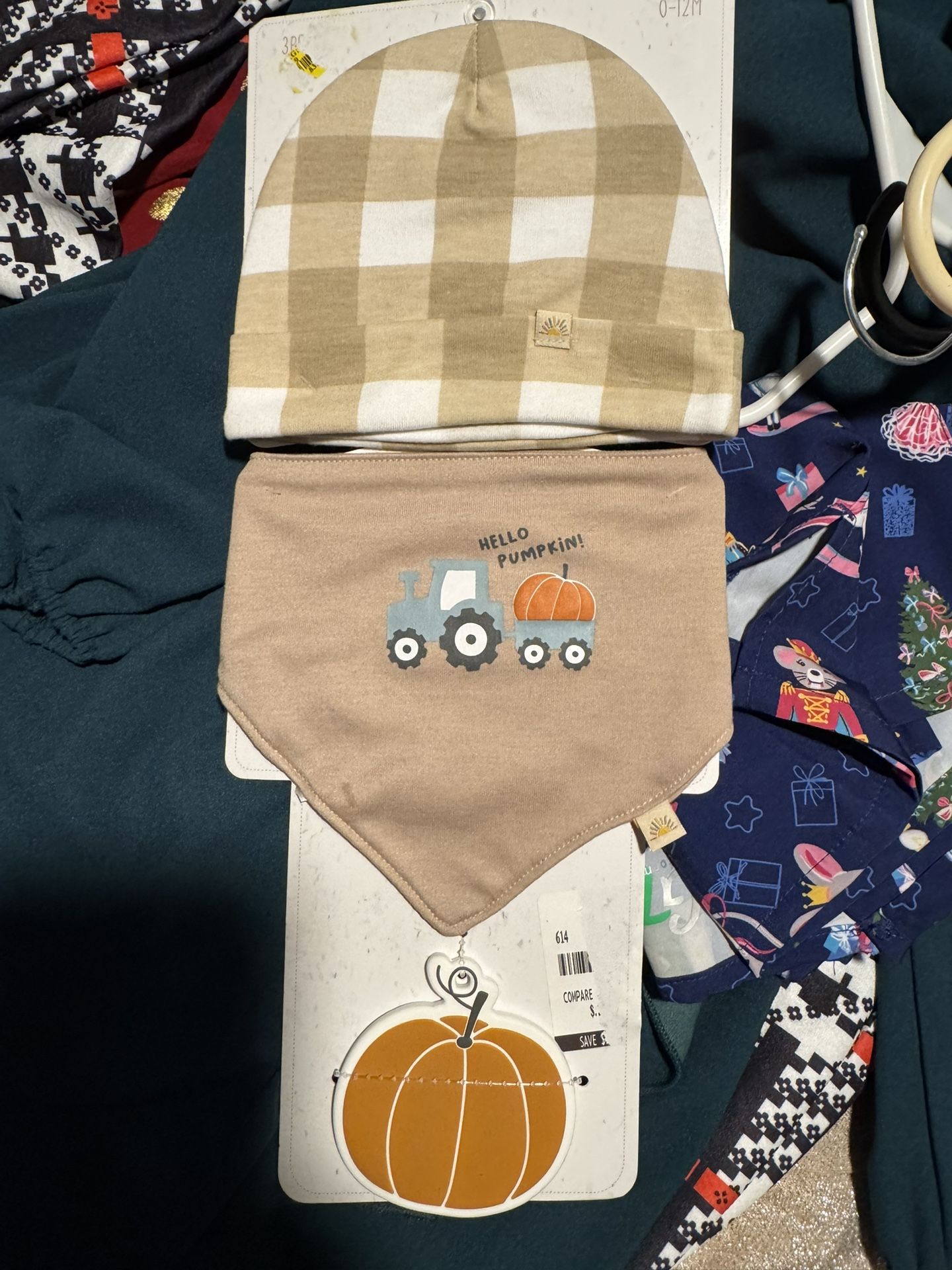 New Zoey And Miles Baby Hat Bib And Teether Truck Pumpkin Plaid Brown