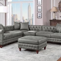 Brand New Grey Leather Sectional Sofa w Ottoman 
