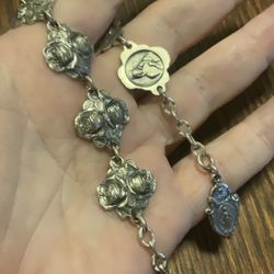 Antique  Double Rose and  Saint Bracelet Sterling, Silver, 7.5 Inches