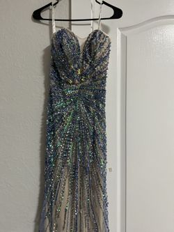 Beaded Gown Blue With Nude Base