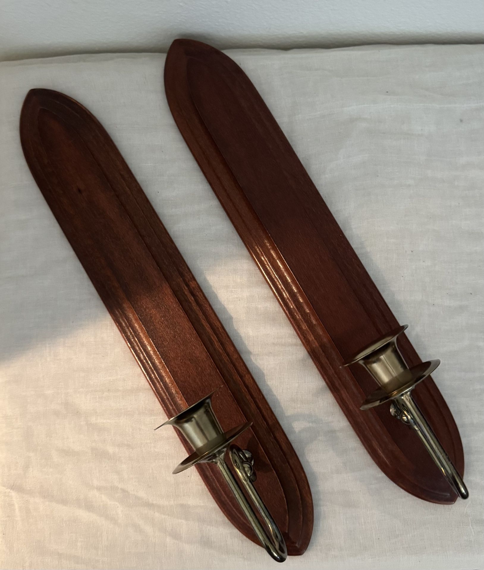 2 Hanging 18” Wood w Silver Plated Pair Candle Stick Holders Art Deco Made USA