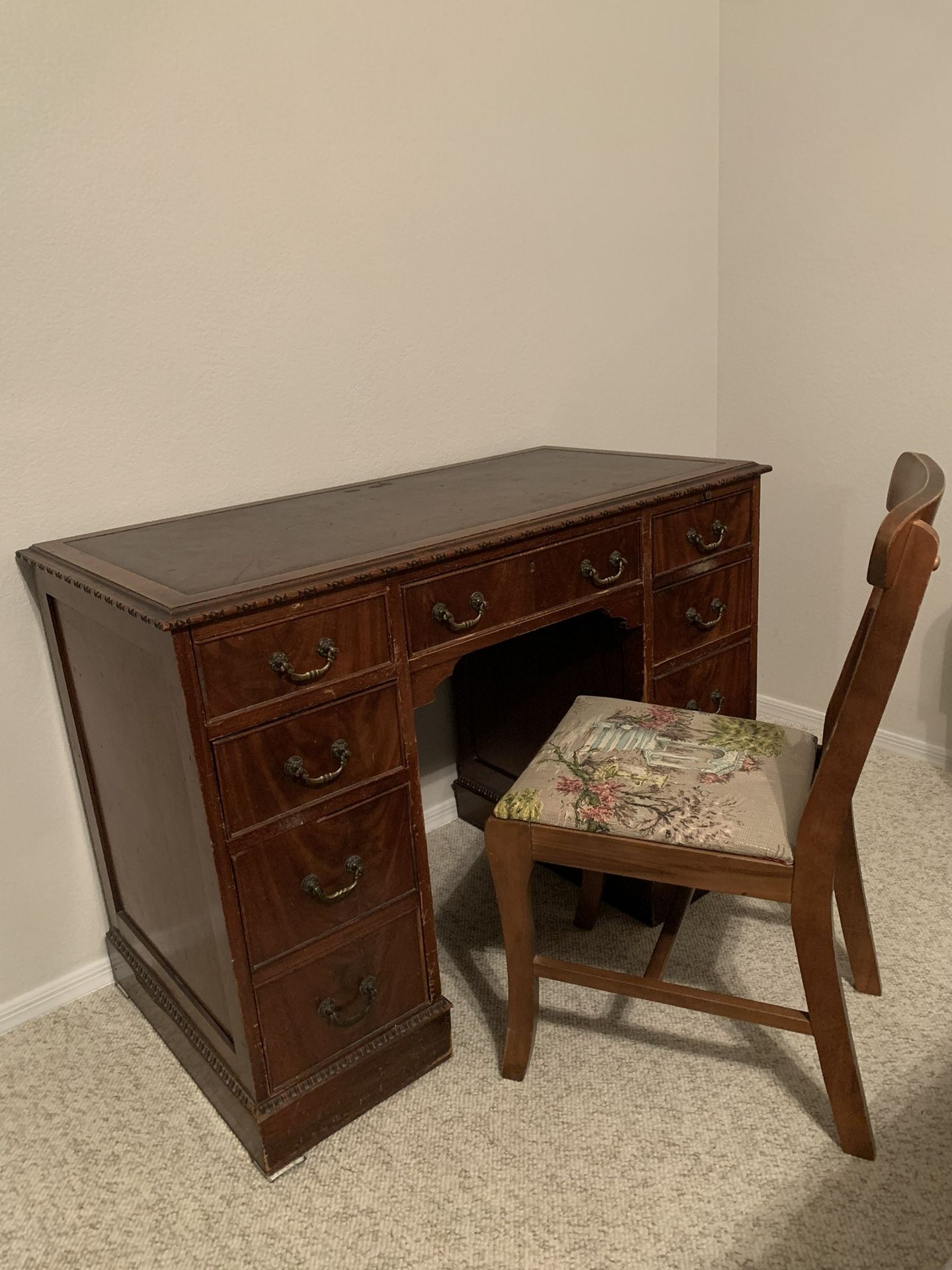 RARE!! Vintage 1940S Solid Wood, Leather Top Pedestal Desk With Original Chair!