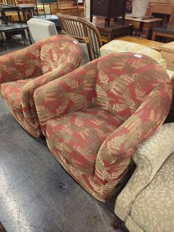 Pair of Vibrant Red and Gold Botanical Upholstered Accent Armchair