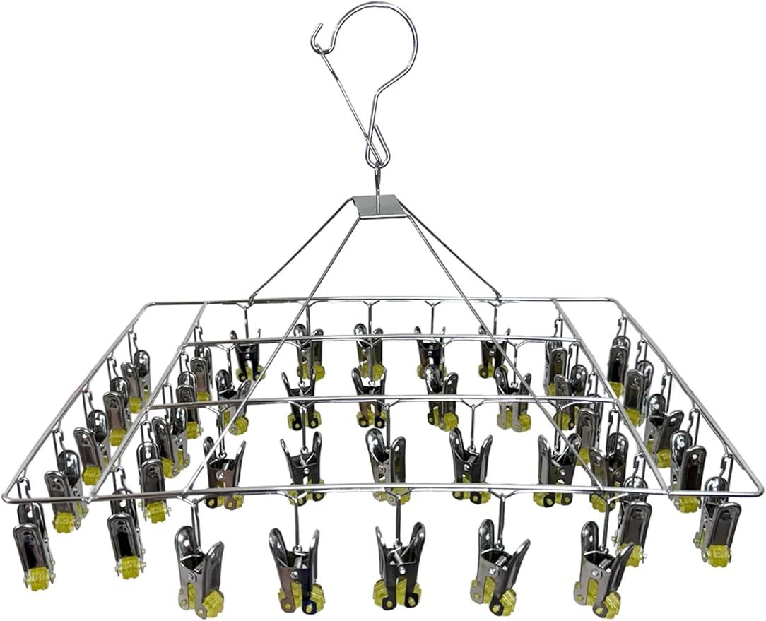 Stainless Steel Laundry Drying Rack - 40 Clips, Swivel Hook, Wind-Proof Design