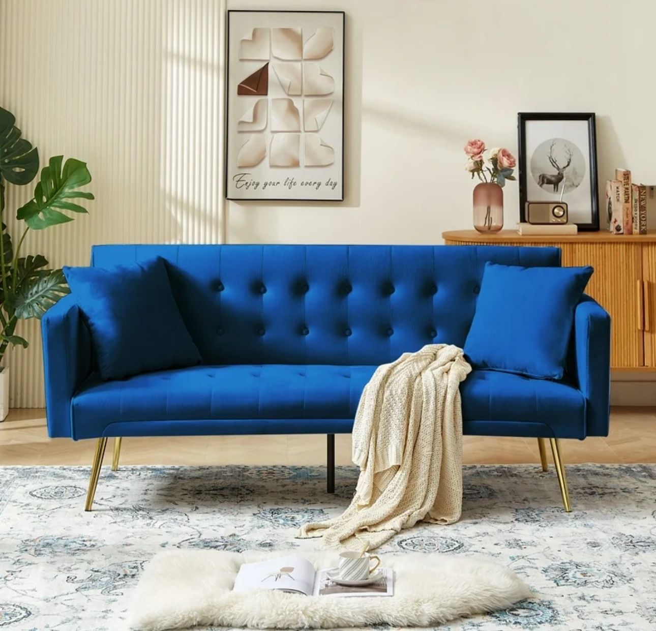 $120 Each Grey And Blue Velvet Futon Sofa Bed