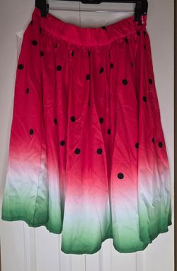 Women's Watermelon Print A-Line Skirt M Red Green White Pull-On Elastic Zip