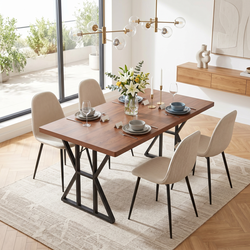 Homy Casa LEONARD+CHARLTON 5PC Dining Set 63" Table with 4 Beige Barrel Fabric Chairs, Black Metal Legs