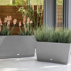 Veradek Midori Long Trough Planter (Light Grey, 31 inch - 2 Pack with 2 Saucer Trays)