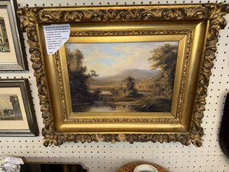 Antique Impressive Giltwood Framed Reproduction of Landscape with Cows Watering