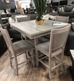 ✅️ 5 pc Wildon studio rustic natural tone,  finish wood and fabric counter height dining table set ✅️✅️
