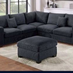 ✅️✅️️✅️4 pc Black  cordury fabric upholstered sectional sofa with ottoman✅️✅️