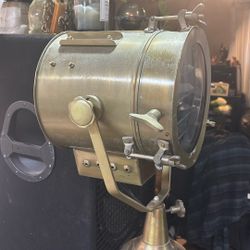 Adjustable Antique Vintage Old Century Moden Searchlight Lamp Timber Tripod Brass and Brown Tripod