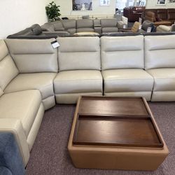 Furniture-100% Real Top Grain Leather 5pc Sectional- Two Power Recliners 
