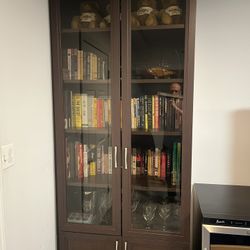 Tall, Dark Wood Bookcase With Glass Doors — No stairs