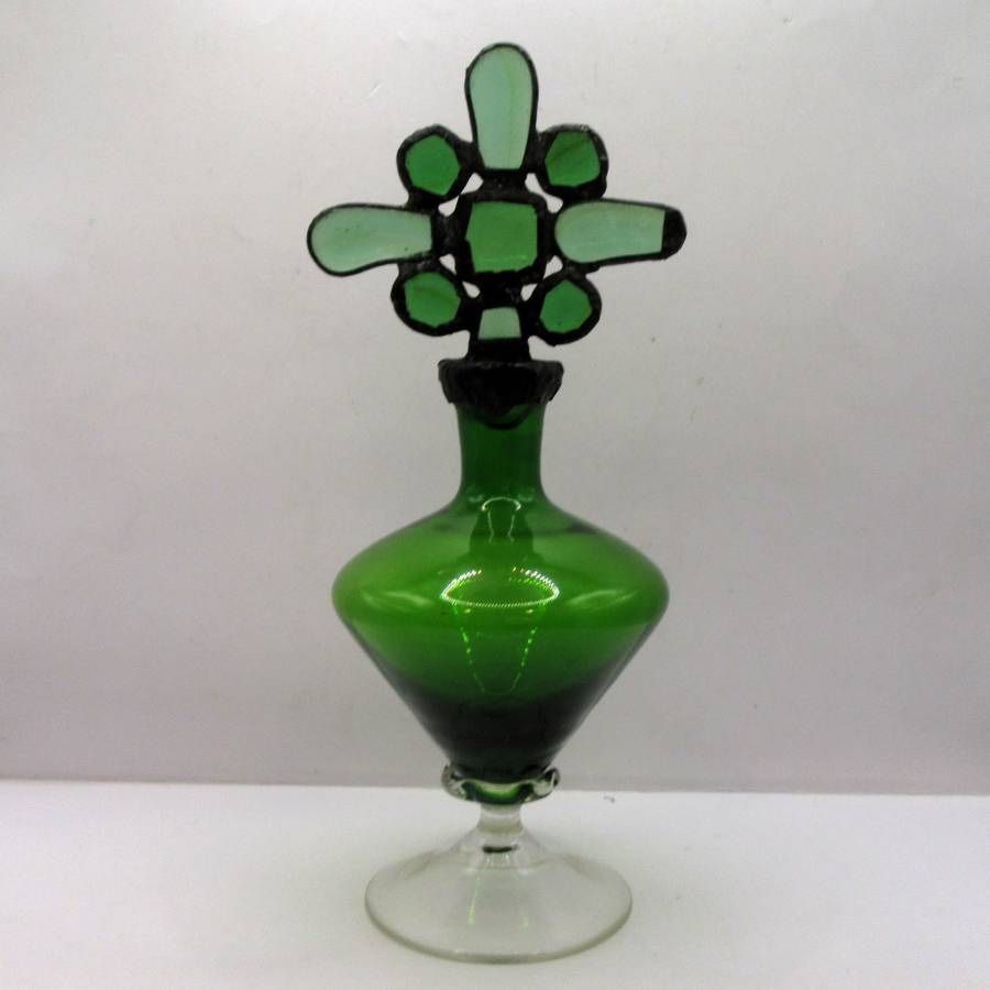Vintage Decorative Art Green Glass Bottle w/ Metal & Glass Cross Top