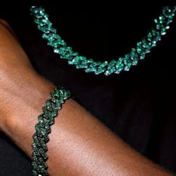 Iced Out Rhodium Plated Emerald Green Cubic Zirconia Miami Cuban Chain 24 Inches Necklace And Bracelet Set 