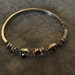 Sterling Silver Marcasite and Garnet (5 ct. t.w.) Bangle 7" Bracelet