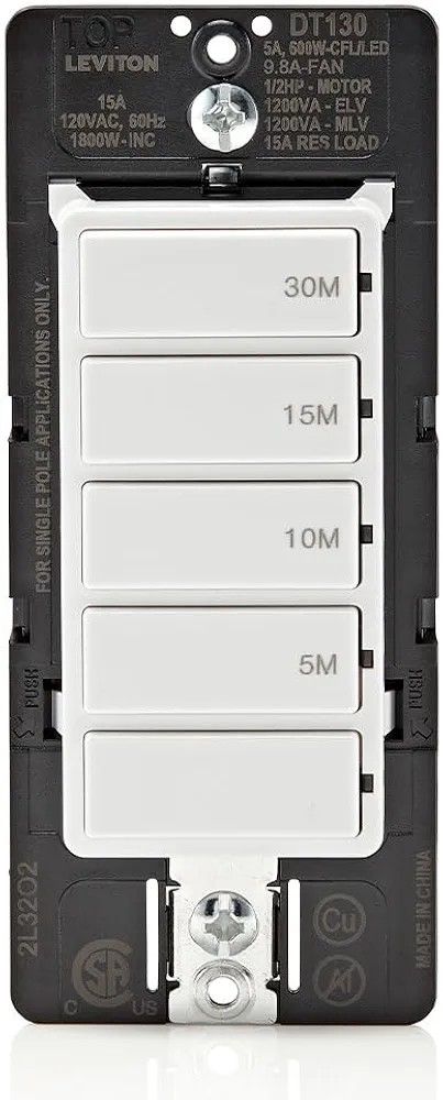 Leviton Countdown Timer Switch for bathroom fan and household lights, 5-10-15-30 min, No Neutral Required, Single Pole, 15A, 1/2 HP/9.8A Fan/Motor, DT