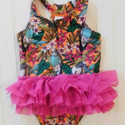Cat & Jack Baby Girls Size 9M Parrot And Flower Bathing Suit

