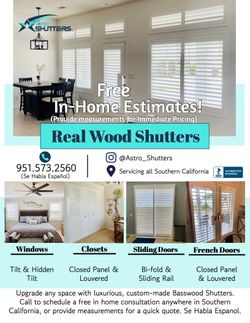 Window Shutters (FREE ESTIMATES & SAME DAY PRICING)- Wood, Plantation, Custom, Interior, Treatments, Coverings. Persianas de Madera. Se Habla Espanol.
