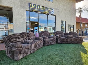 Brand New 3 Pcs Sofa Recliners Corduroy Fabric Brown W/ Drawer, Cup Holder & Trade USB & Power Outlet 