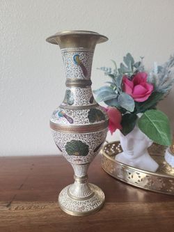 Vintage Indian Brass enameled vase made in India