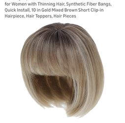 Women with Thinning Hair, Synthetic Fiber Bangs, Quick Install, 10 in Gold Mixed Brown Short Clip-in Hairpiece, Hair Toppers, Hair Pieces