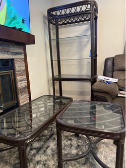 Bamboo and Glass Tables and Display Shelf