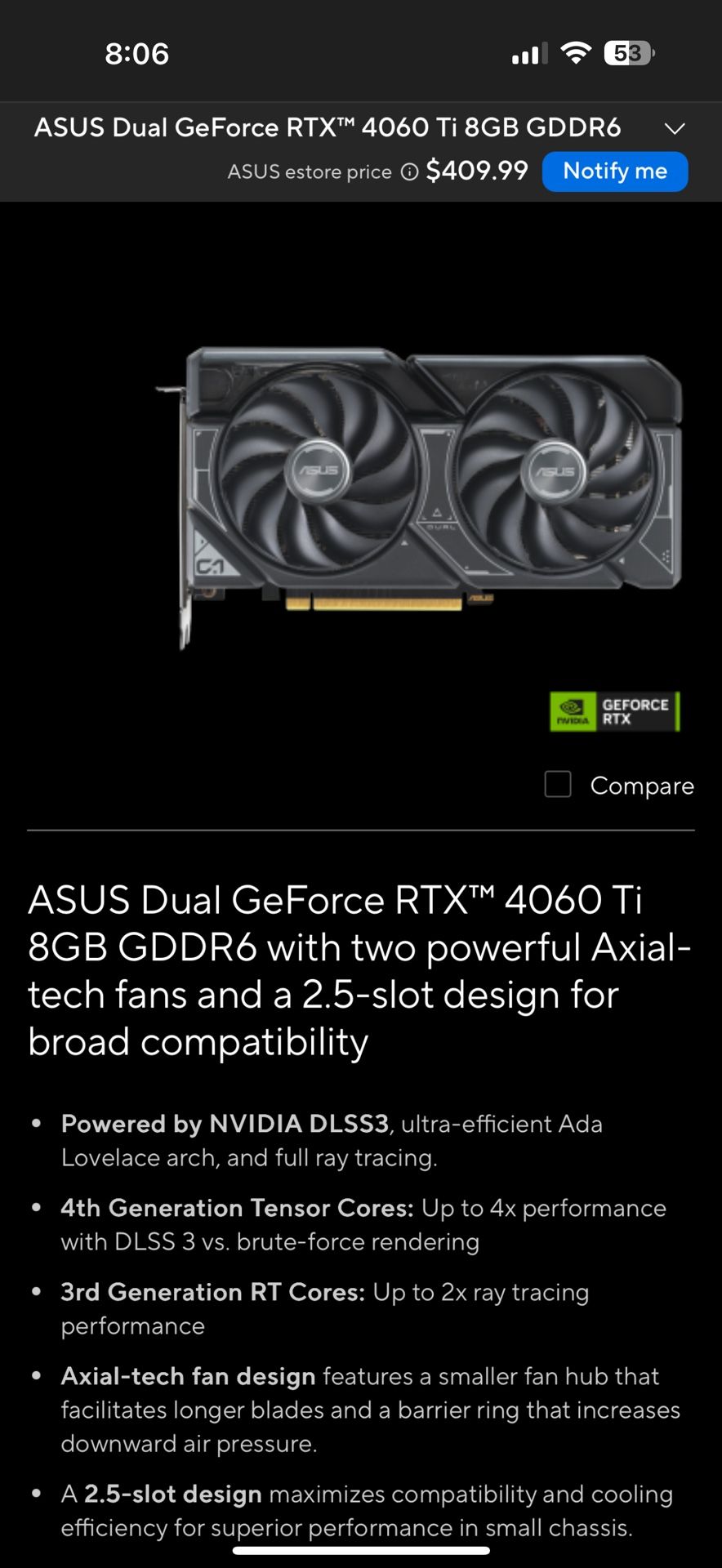 ASUS Dual GeForce RTX™ 4060 Ti 8GB GDDR6 with two powerful Axial tech fans and a 2.5 slot design for broad compatibility,All Products : American Fashion Style Bags On Sale