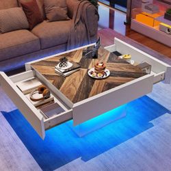 Square Coffee Table with LED Lights and Storage Drawers for Living Room - BRAND NEW STILL IN BOX
