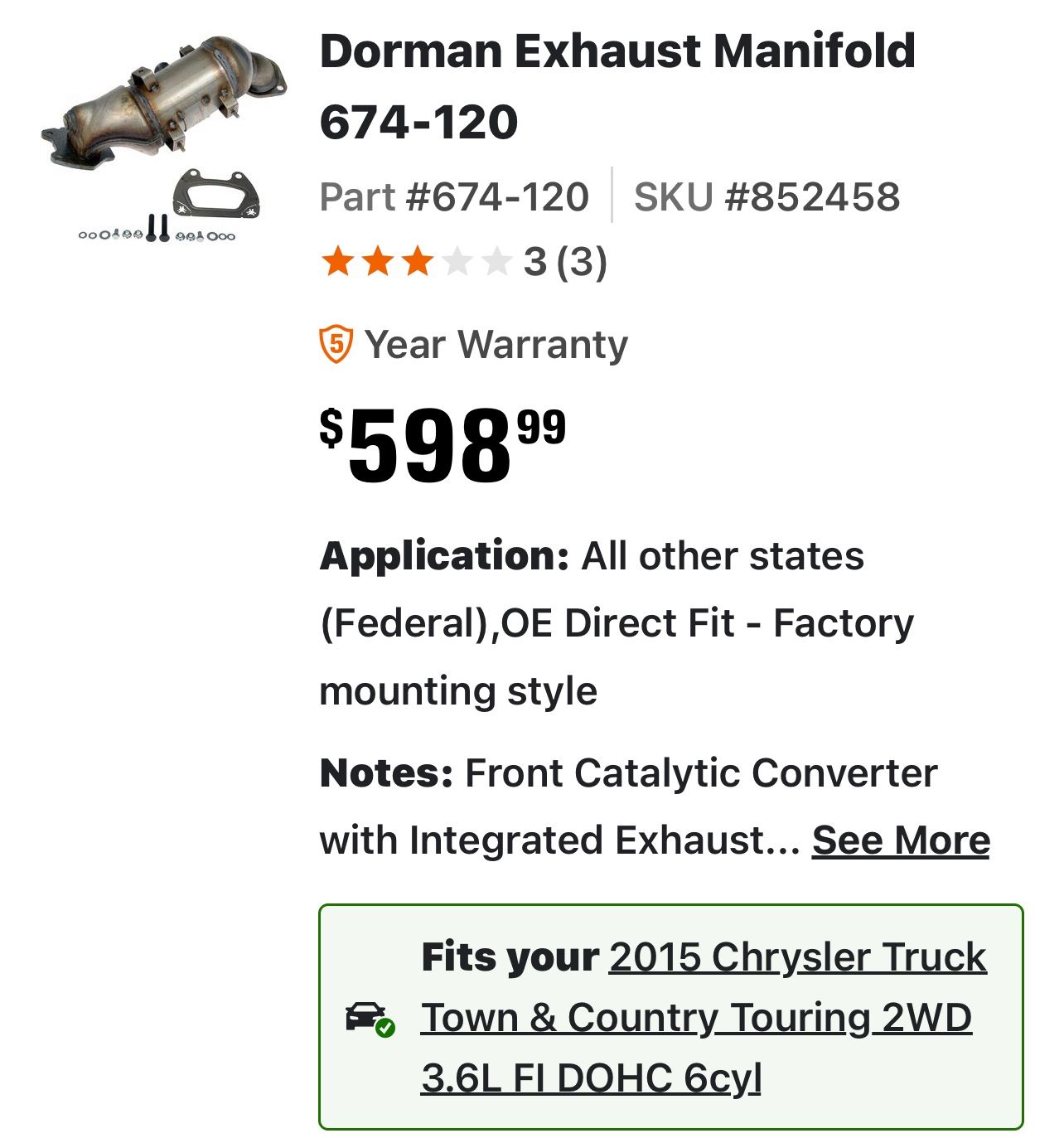 2011 a. 2019 Dogde Gran Caraban Y Chrysler Truck Town & Country 3.6l Catalityco Y Un Sensor De Oxígeno