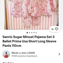 Sanrio Sugar Minuet Pajama Set 3 Ballet Prima Usa Short Long Sleeve Pants 110cm