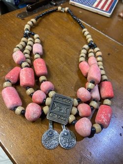 Ladies Pink coral necklace with silver coins